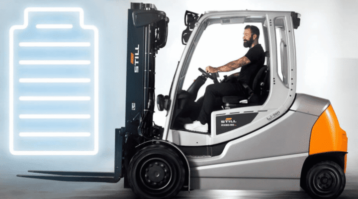 A person operating an electric forklift with a battery charging graphic in the background.