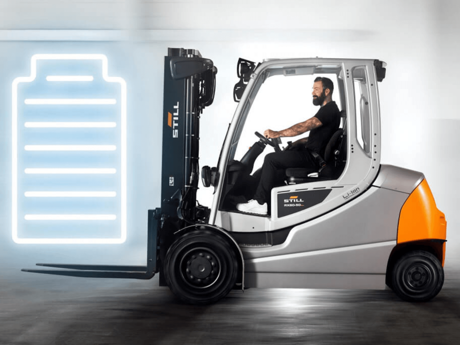 A person operating an electric forklift with a battery charging graphic in the background.