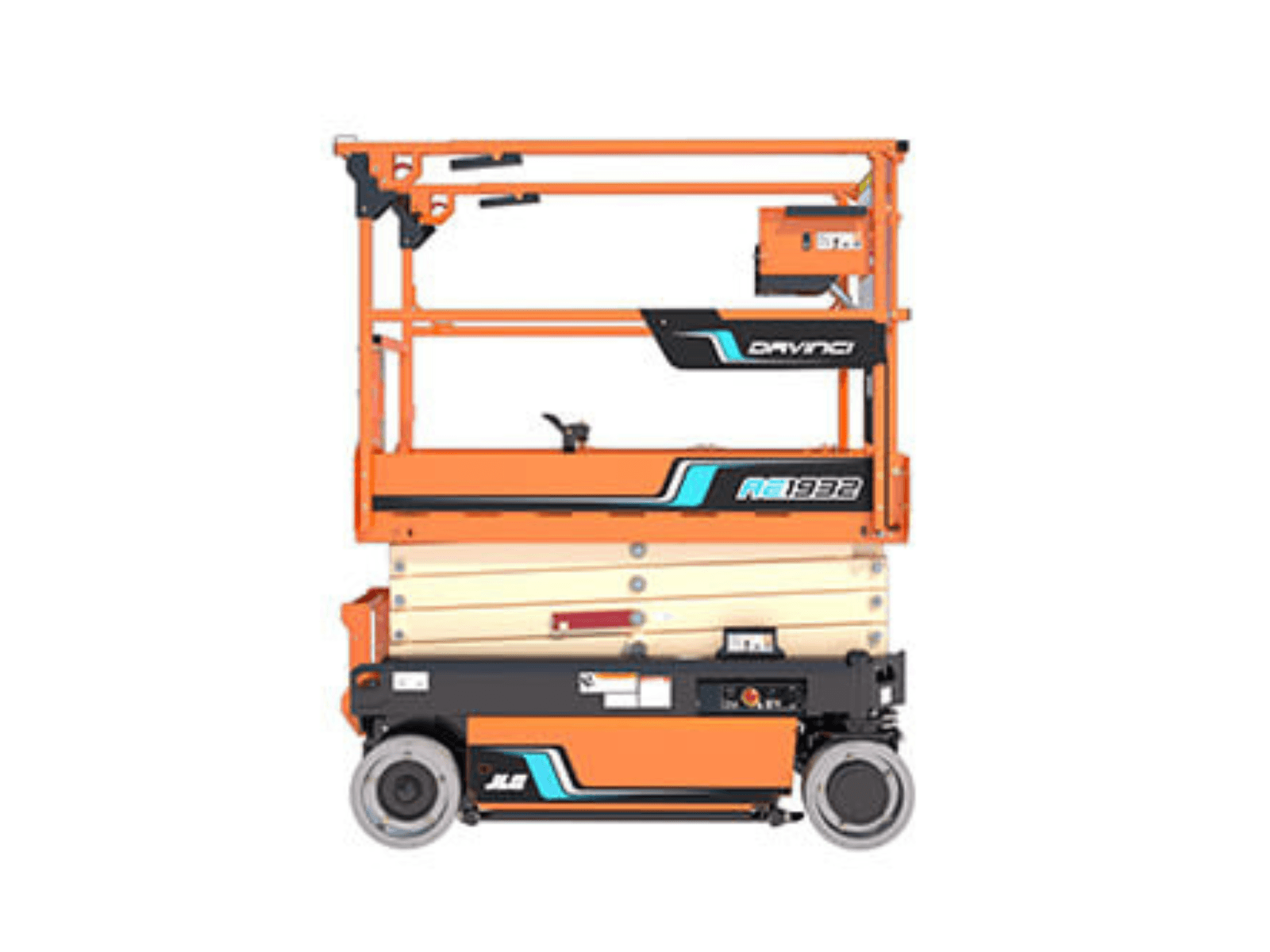 A vibrant orange and black compact electric scissor lift, designed for easy mobility and access at construction sites.