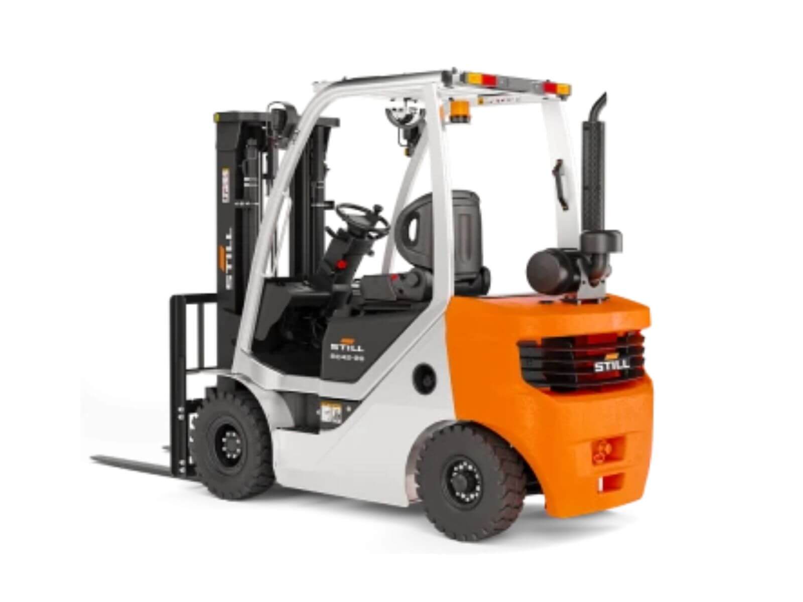 A modern industrial forklift with an orange and white design, equipped for heavy lifting and warehouse operations.