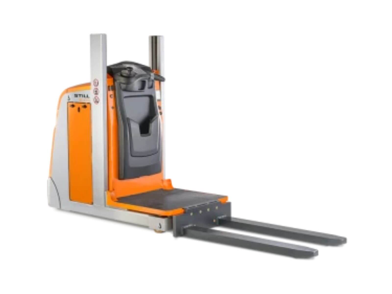 A compact electric pallet jack featuring a comfortable operator seat and robust lifting forks, designed for moving heavy loads in warehouses.
