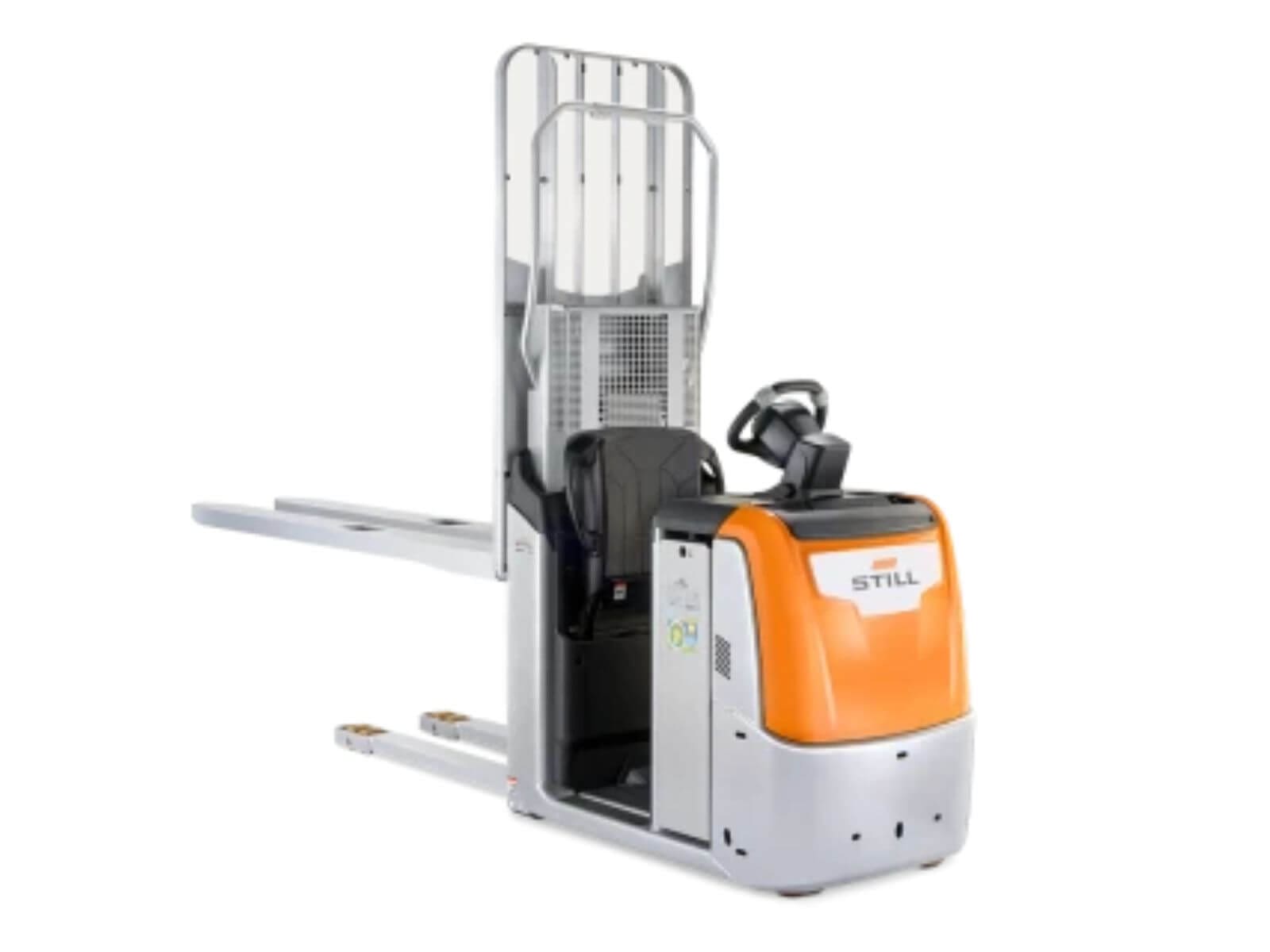 Electric forklift featuring a comfortable operator's cabin and lifting mechanism for efficient material handling.
