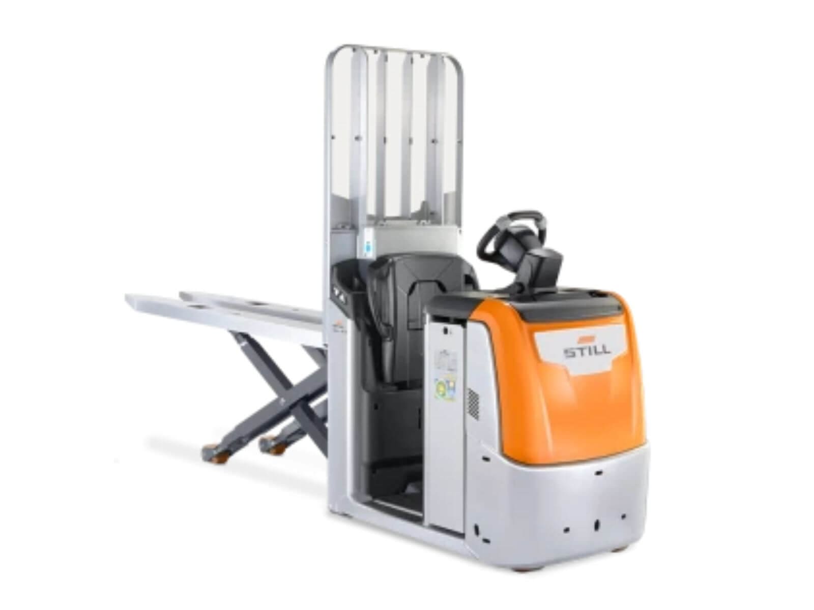 Image of an electric pallet truck with a lifting mechanism, designed for material handling in warehouses.