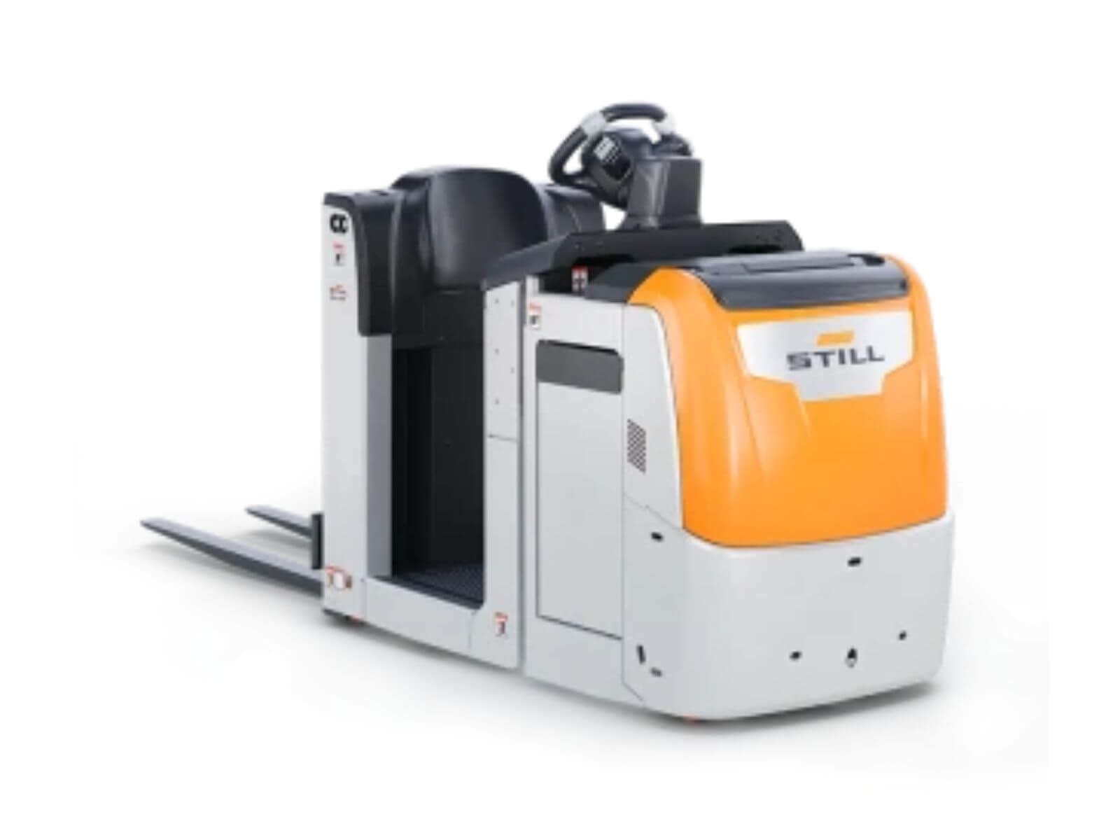 A STILL electric pallet jack with a distinctive orange and gray design, designed for efficient material handling in warehouses.