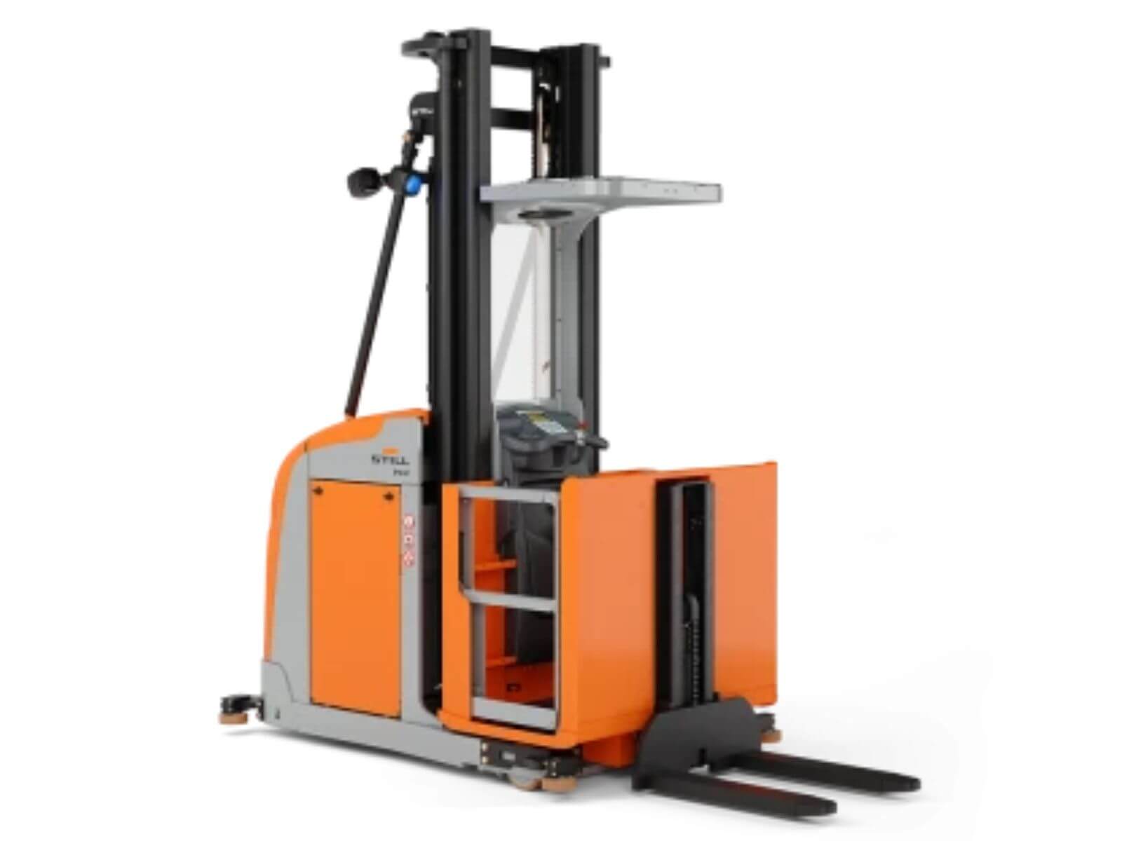 A compact electric forklift with a lift mechanism and orange accents, suitable for material handling in warehouses.