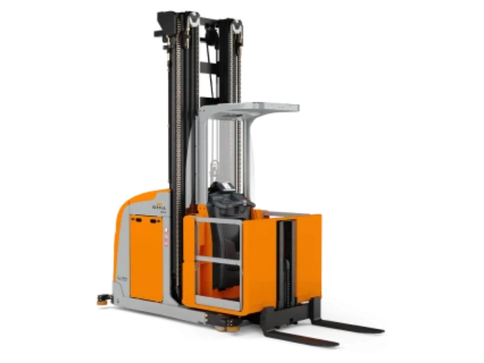 An electric forklift with a raised mast and orange accents, designed for warehouse and industrial use.