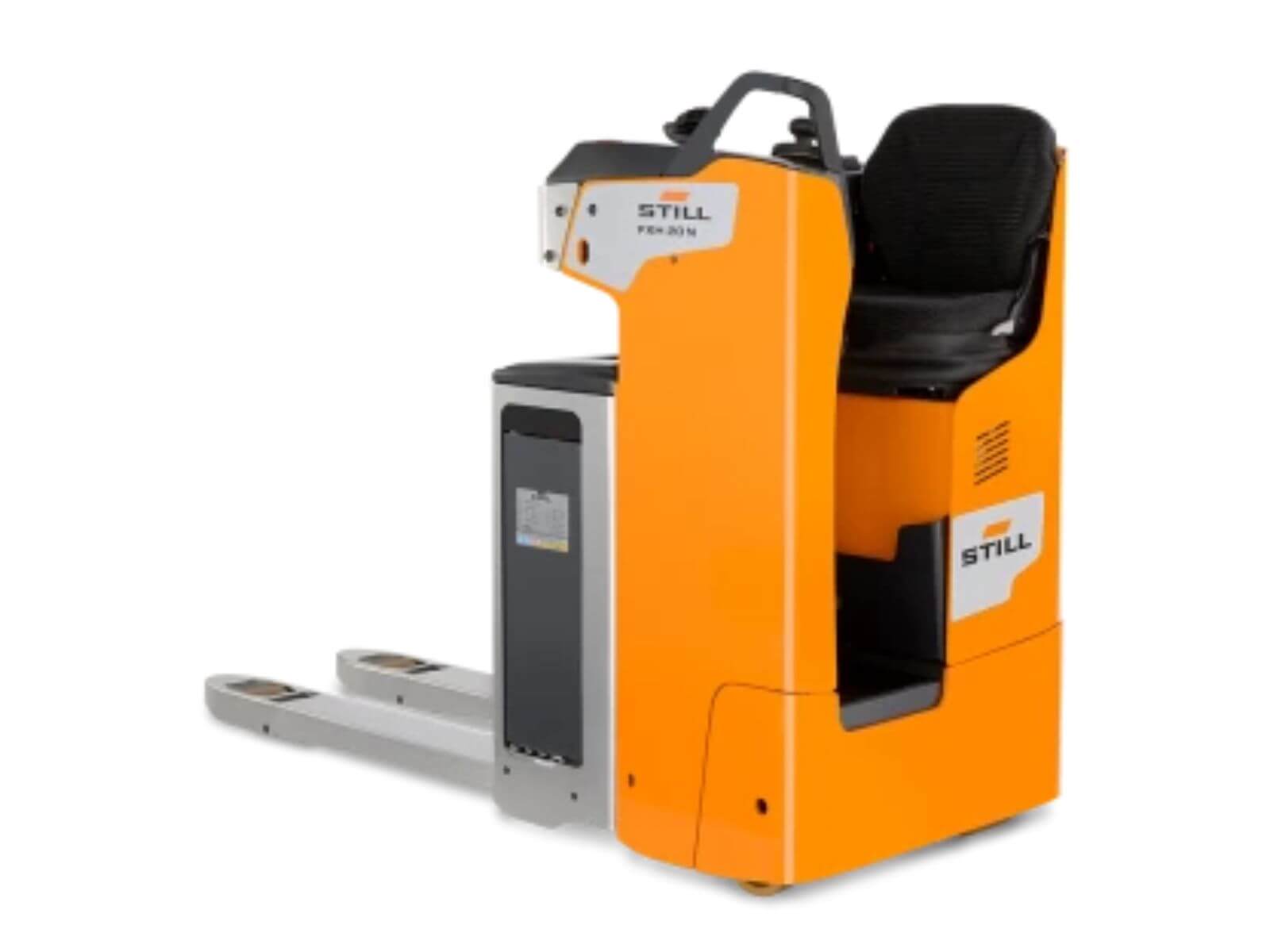 A vibrant orange electric pallet jack designed for easy maneuverability in warehouses and distribution centers.