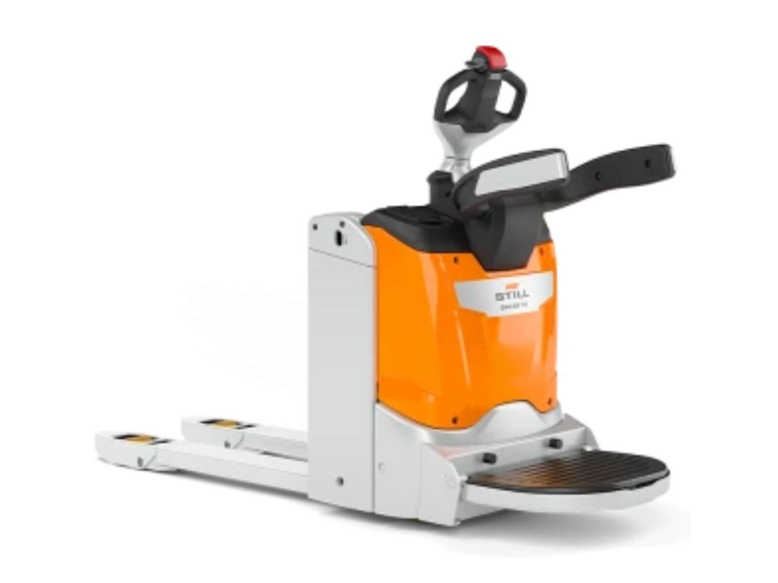 A sleek electric pallet jack featuring an ergonomic handle and a robust design for efficient load movement in warehouses.