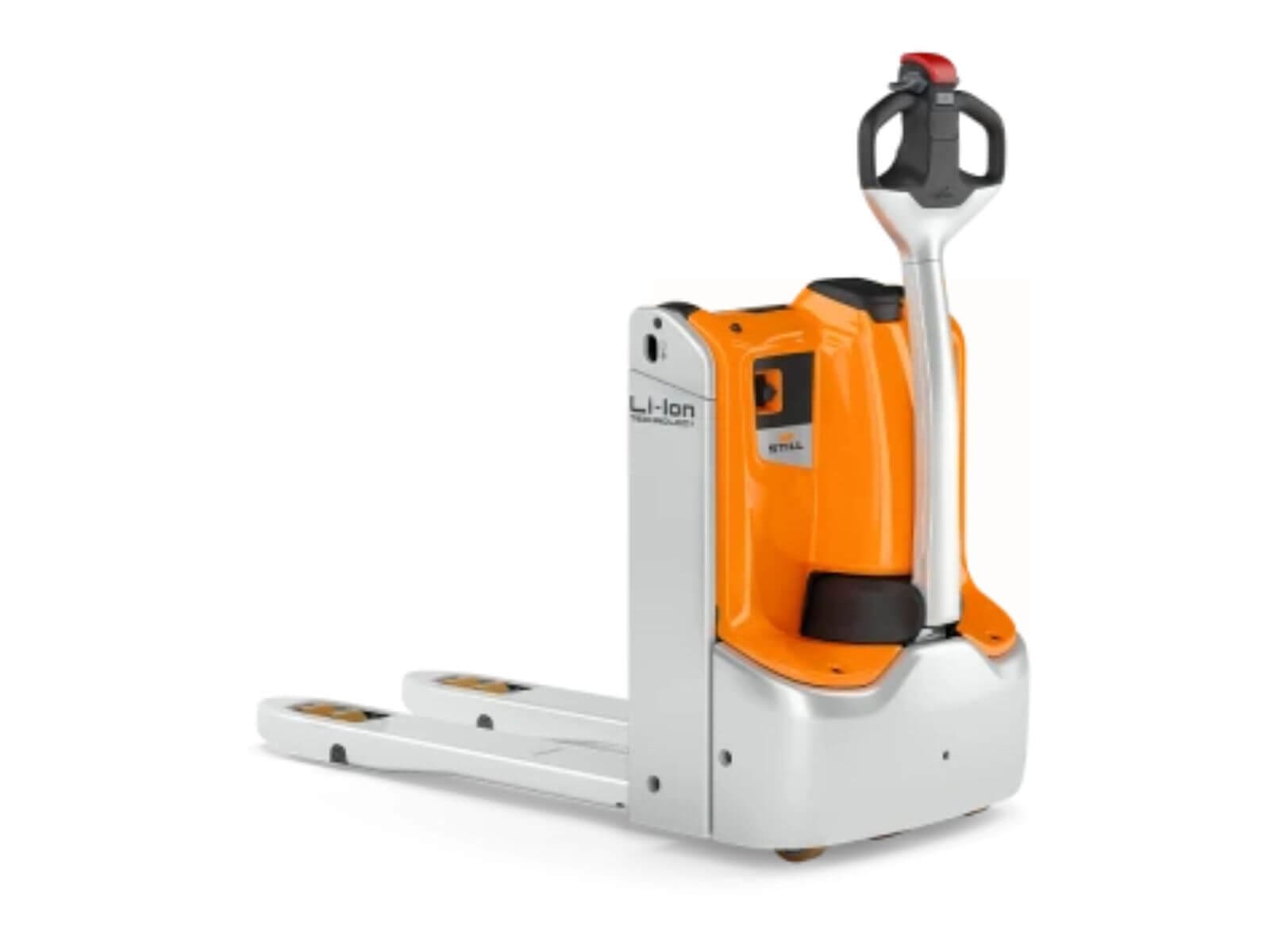 Electric pallet jack with an ergonomic handle and orange design, used for lifting and moving pallets in warehouses.