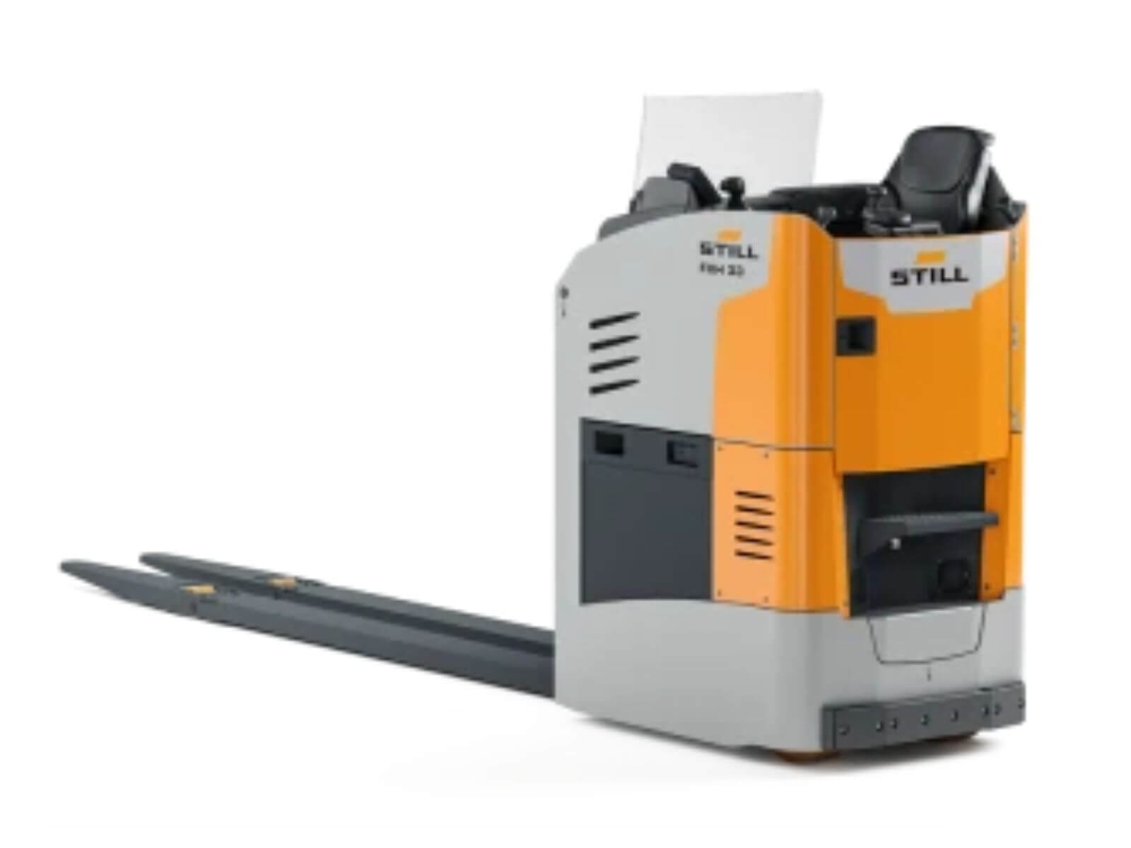 A STILL electric pallet truck with an orange and gray design, showcasing its maneuverability and functionality for warehouse use.