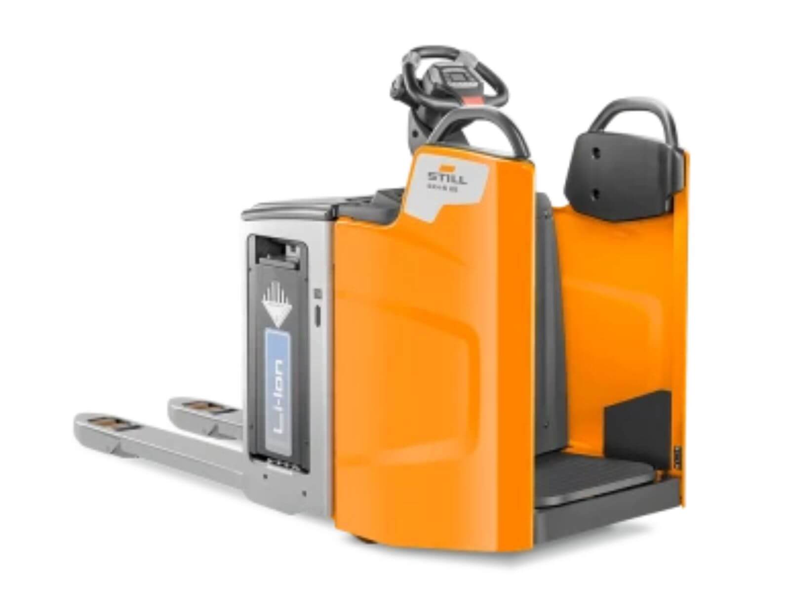 Electric pallet jack featuring a modern design with a comfortable operator seat and ergonomic controls.