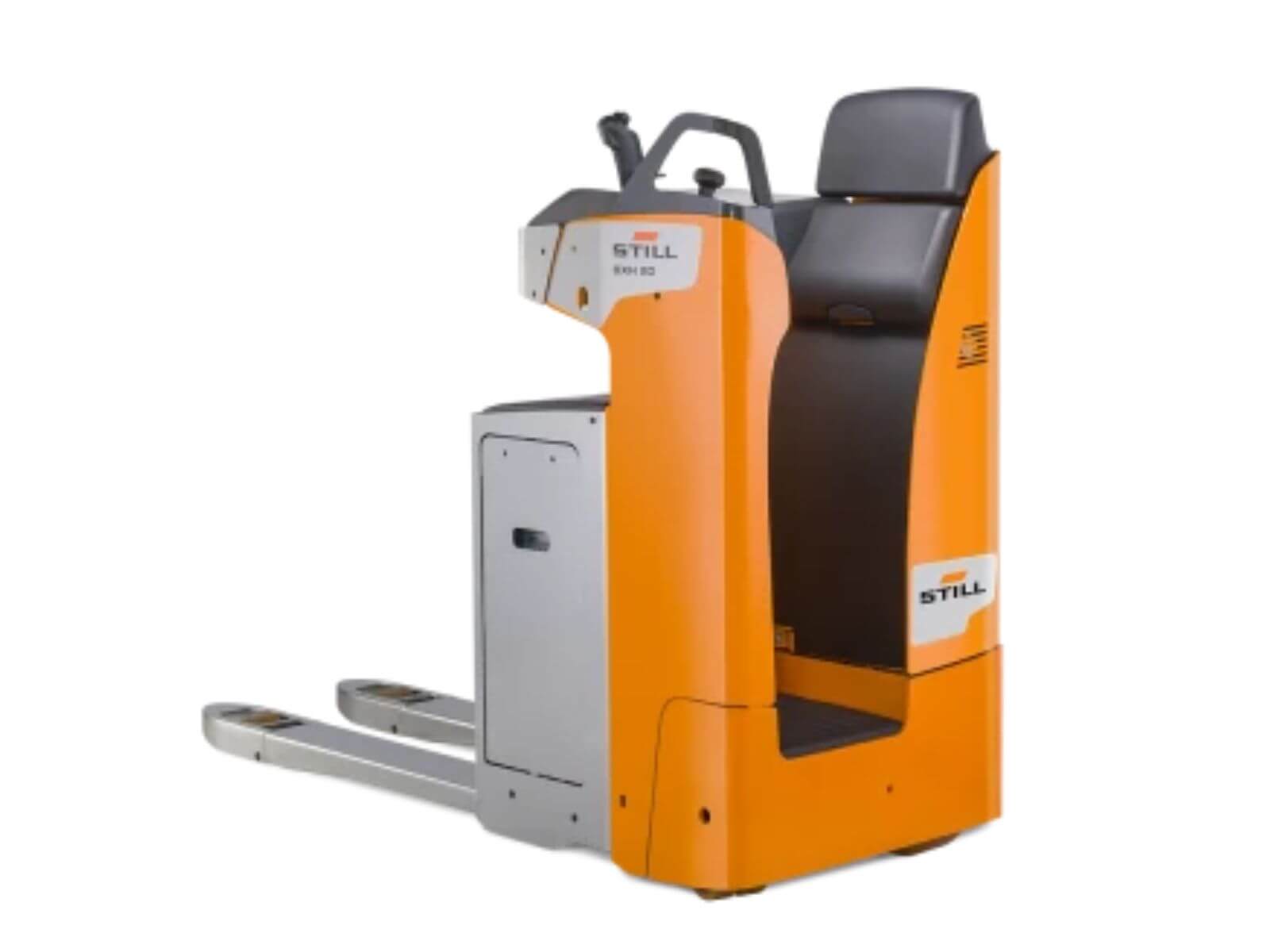 Electric pallet jack with a comfortable operator seat and ergonomic design for handling cargo.