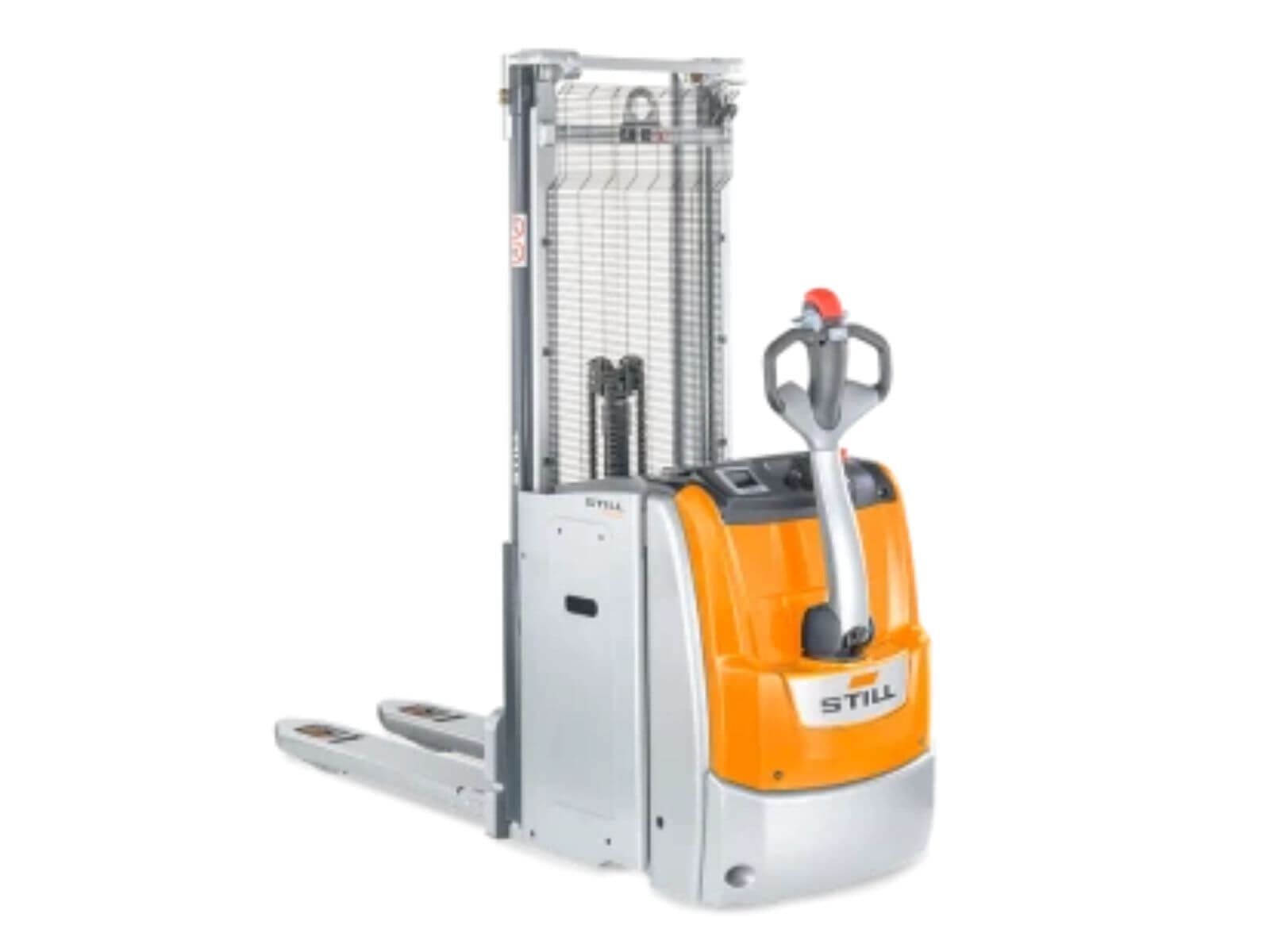 A modern electric pallet stacker featuring a lifting mast and control handle, designed for efficient material handling and warehouse operations.