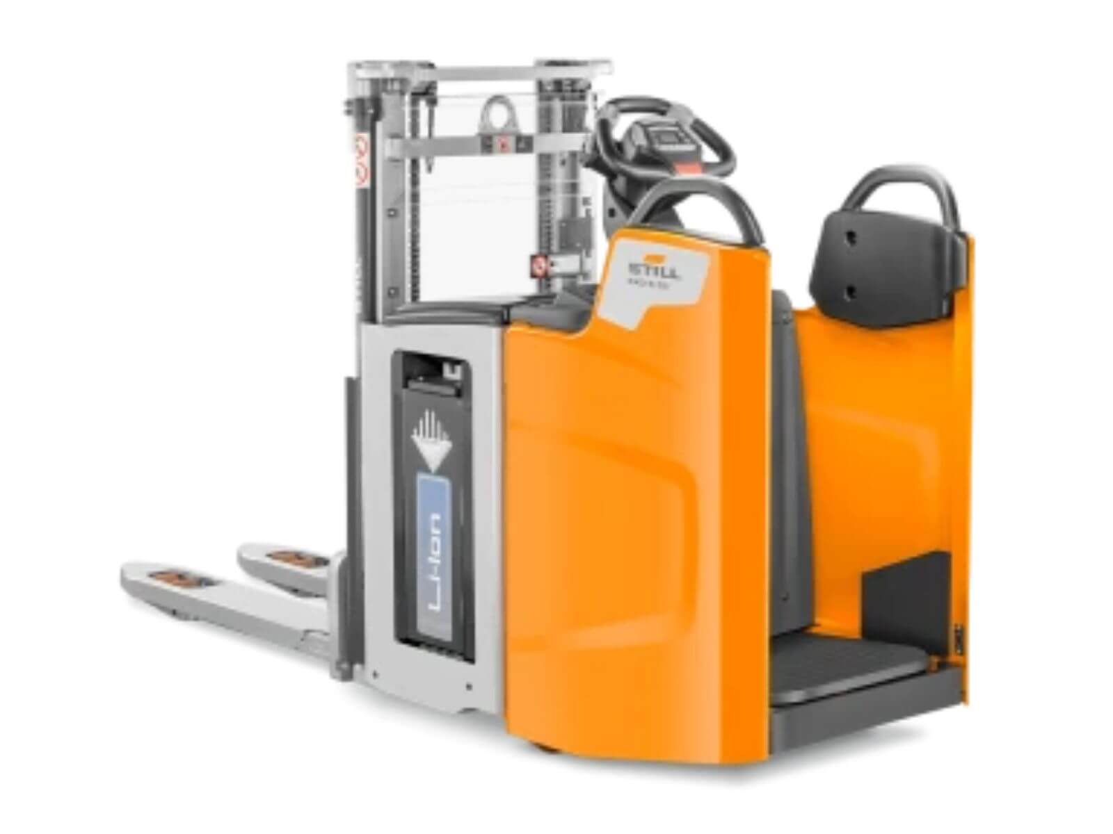 A bright orange electric pallet jack featuring a user-friendly design for efficient warehouse operations.