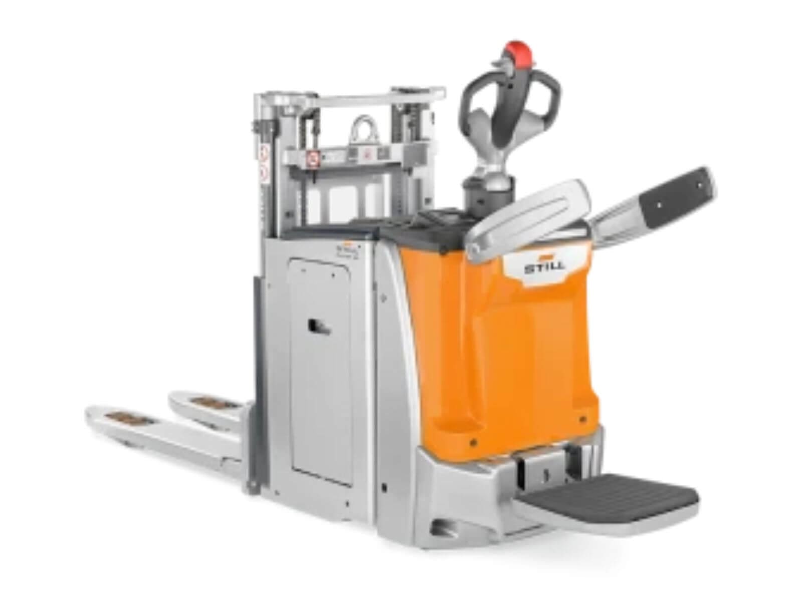 A compact electric pallet jack designed for easy maneuverability in warehouses and storage facilities.