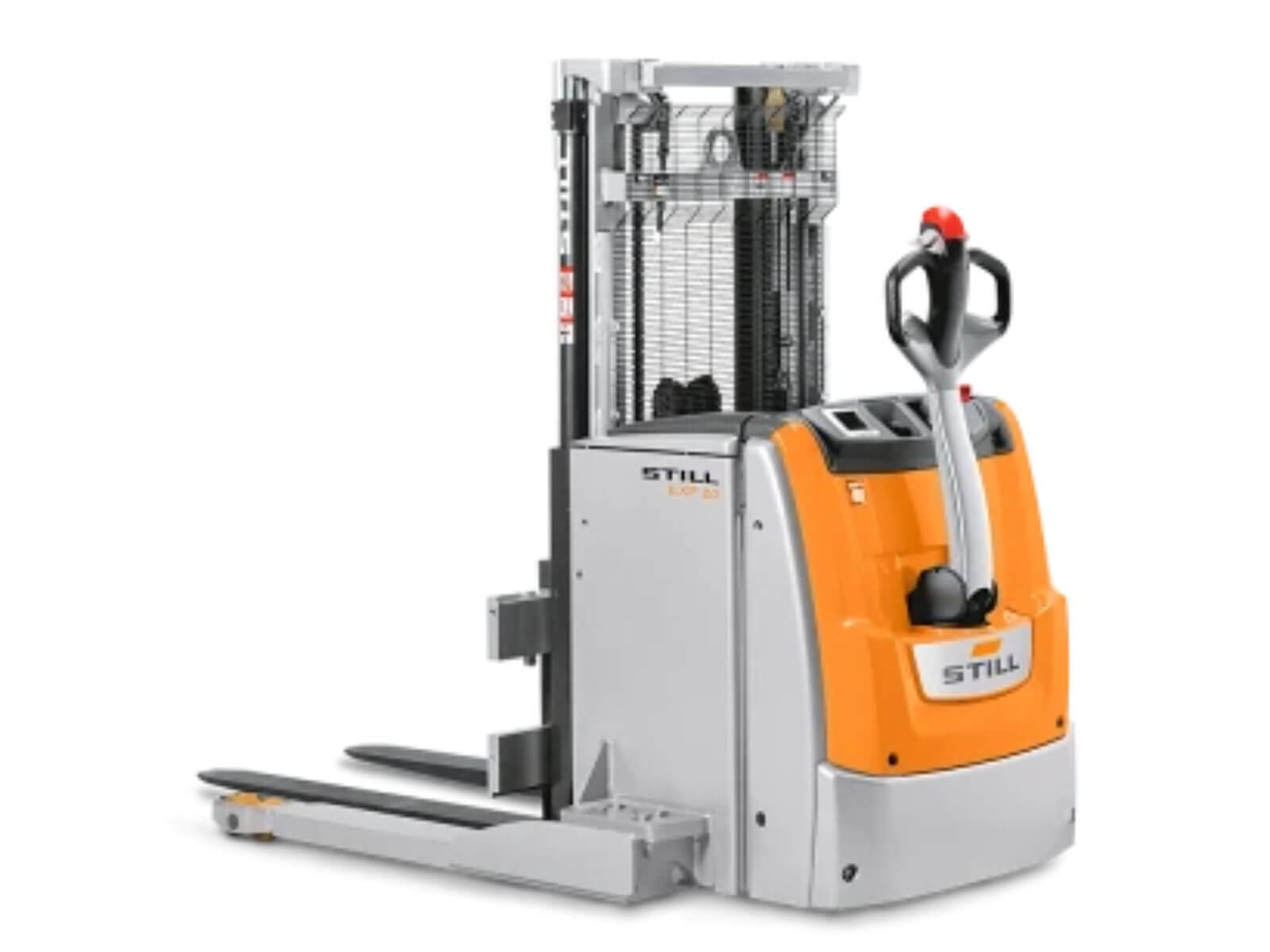 A Still electric pallet stacker with a vertical lift mechanism, designed for warehouse and logistics operations.