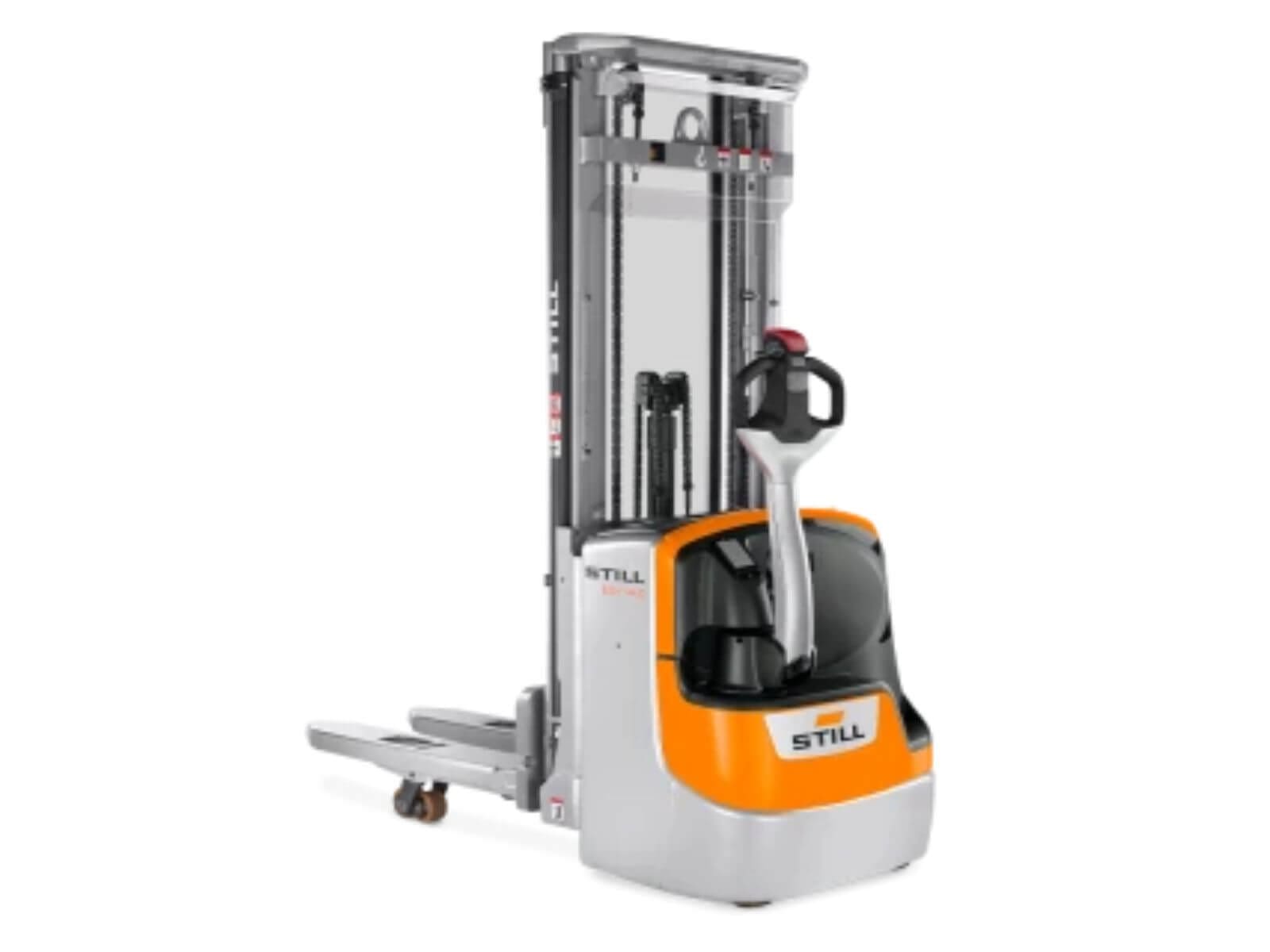 A modern electric pallet stacker with a lift, used for material handling in warehouses.