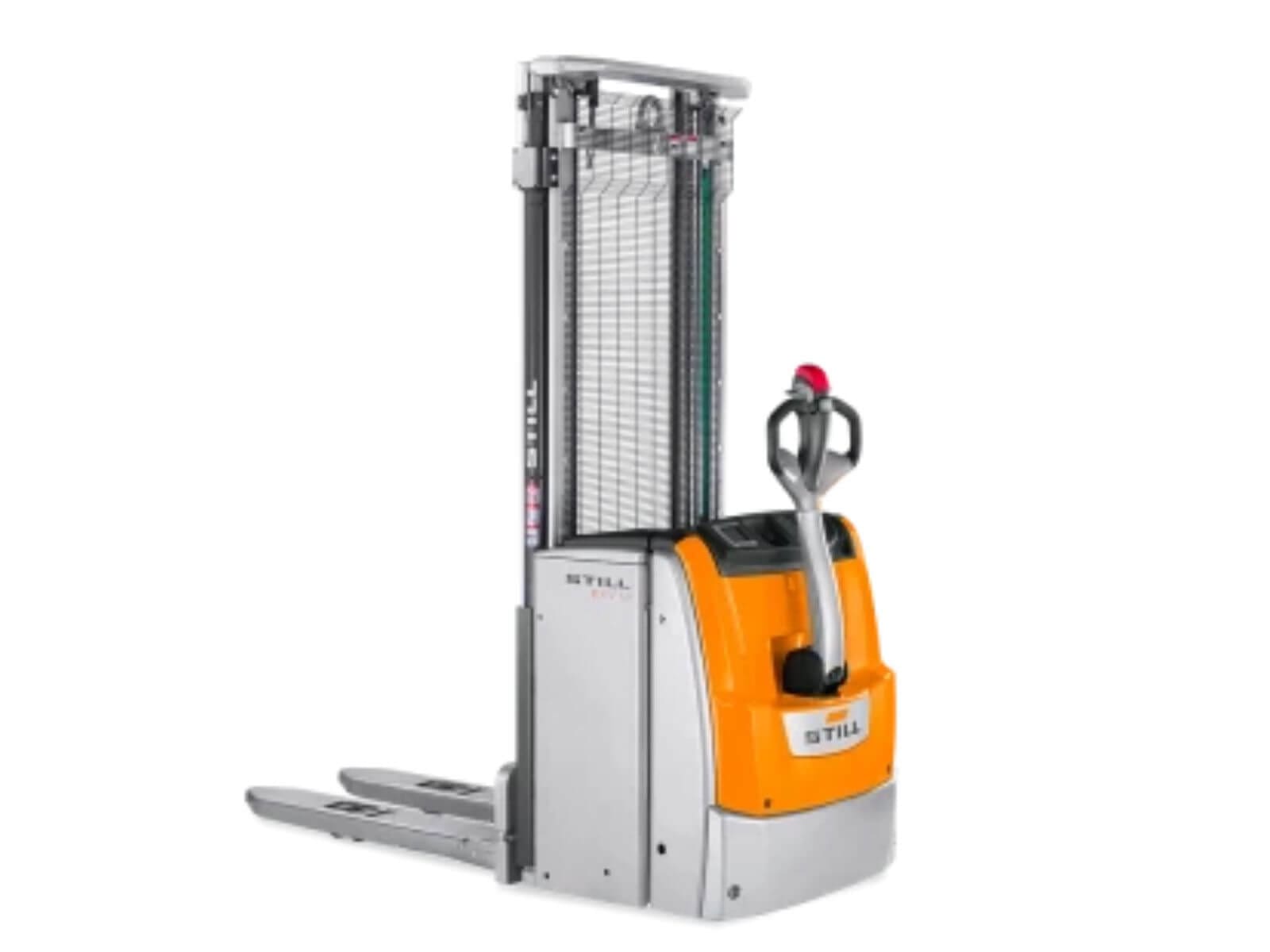 A modern electric pallet stacker with lifting capabilities, designed for material handling in warehouses.