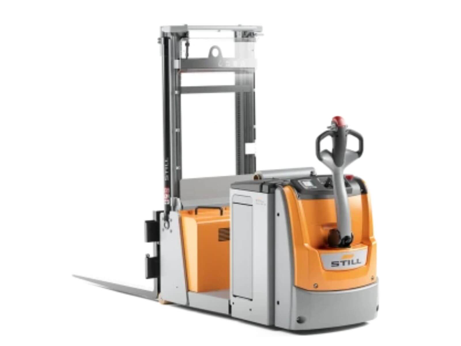 A compact electric pallet jack designed for efficient material handling in warehouse settings.