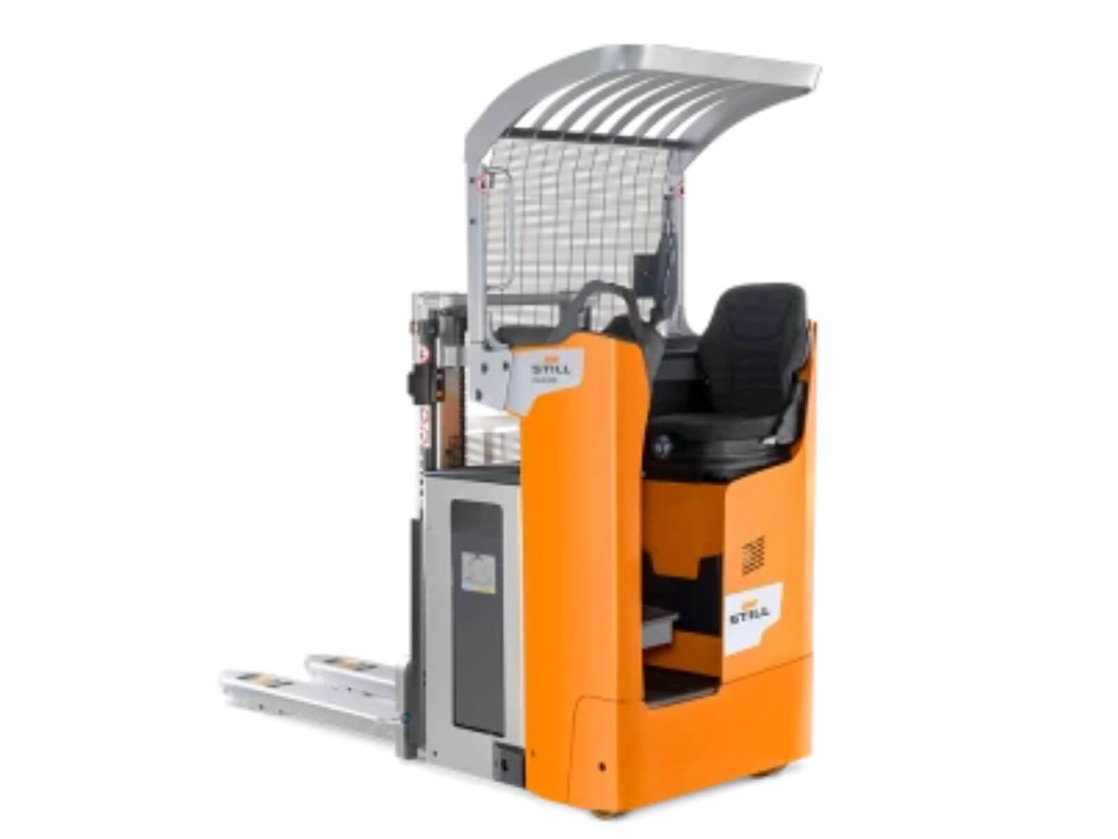 Electric forklift with a protective canopy and ergonomic controls designed for efficient material handling in warehouses.