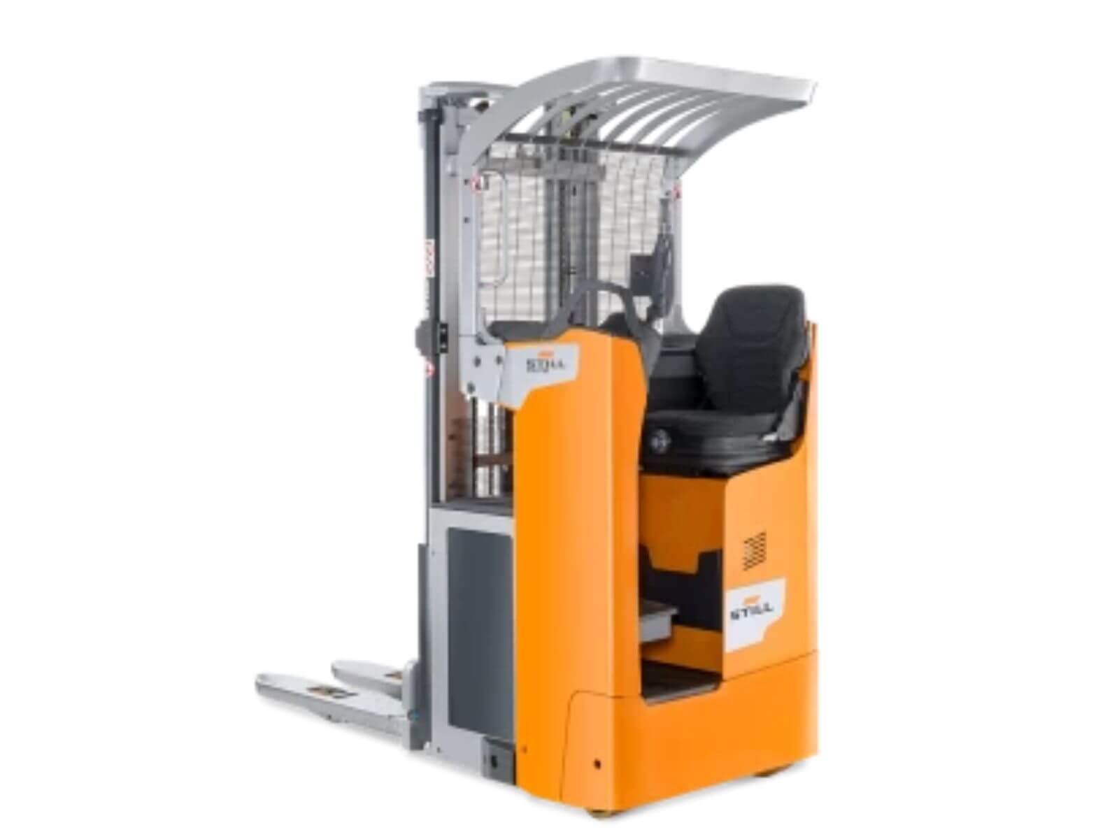 A modern orange warehouse forklift truck designed for efficient material handling and storage operations.