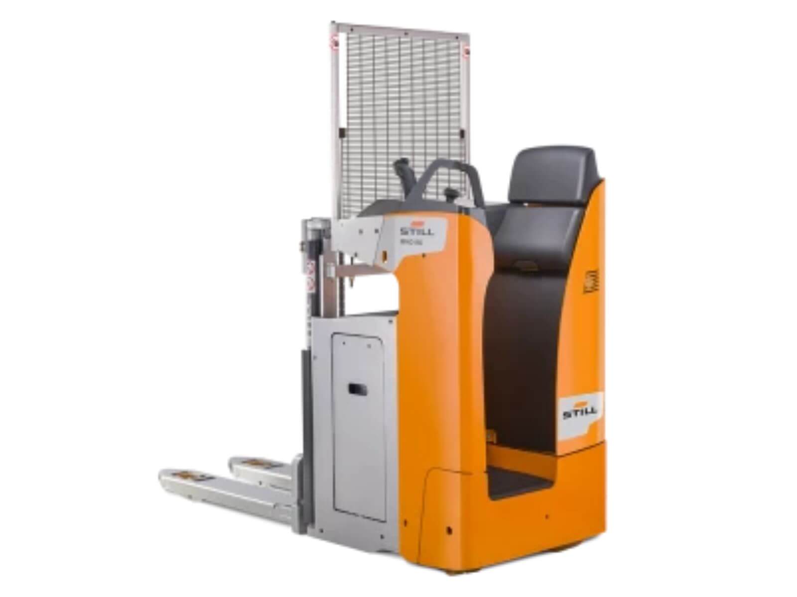 Electric pallet jack featuring a comfortable seat and vertical lift capabilities for efficient material handling.
