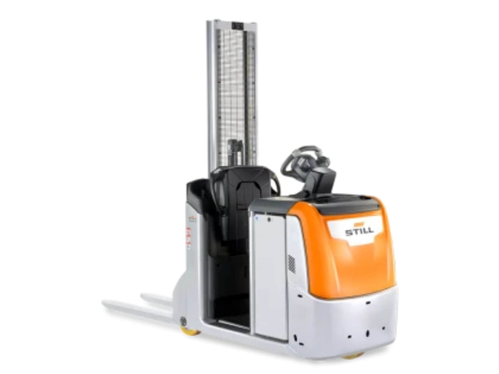 A modern electric pallet stacker with a vertical lift mechanism, designed for warehouse use.