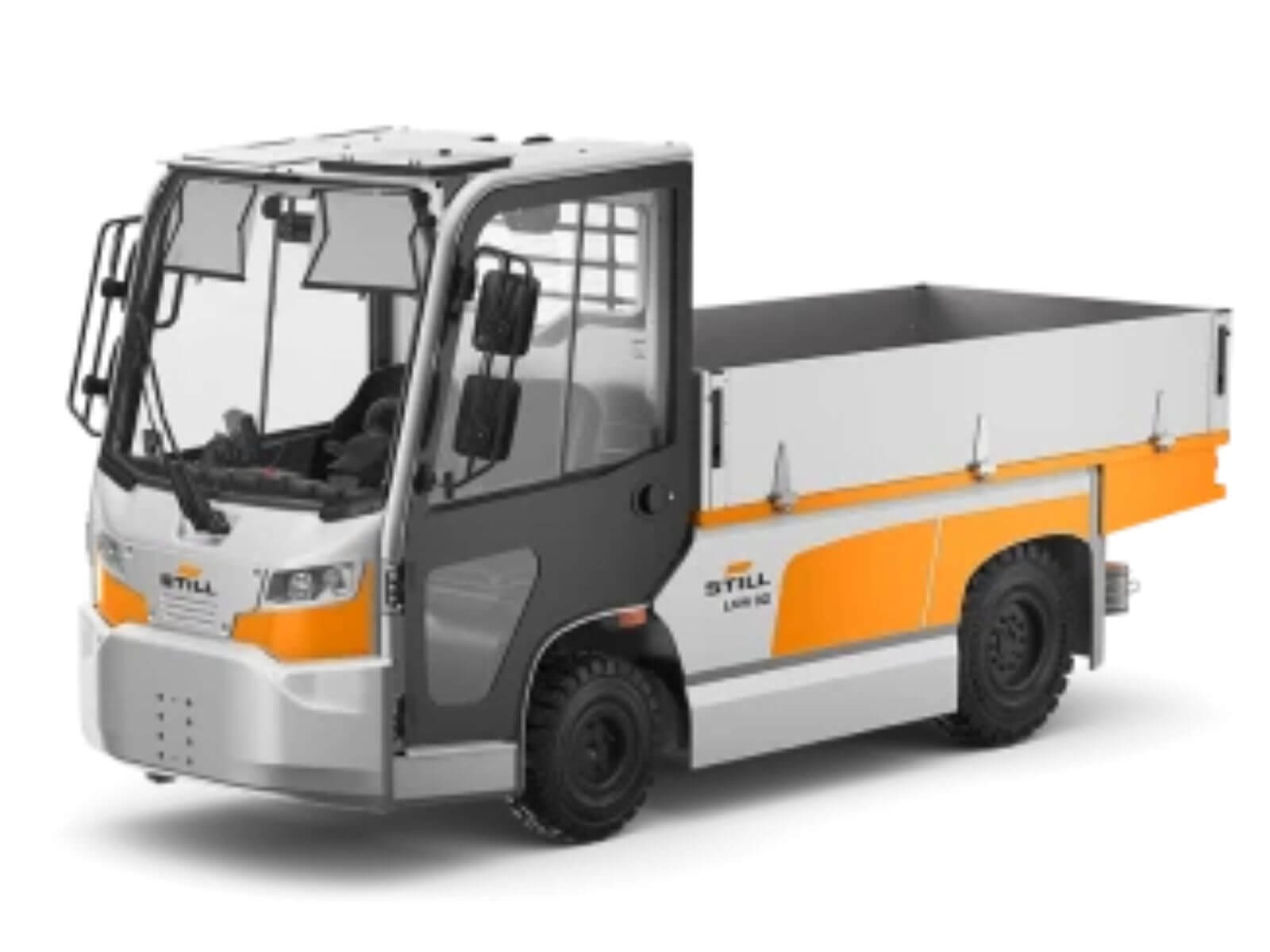 A modern electric utility truck featuring a two-tone design with gray and orange accents, ideal for urban transportation.