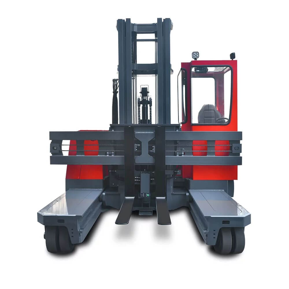 Industrial Forklift Truck Front View Front view of a red and gray industrial forklift truck, showing its lifting forks and cabin.