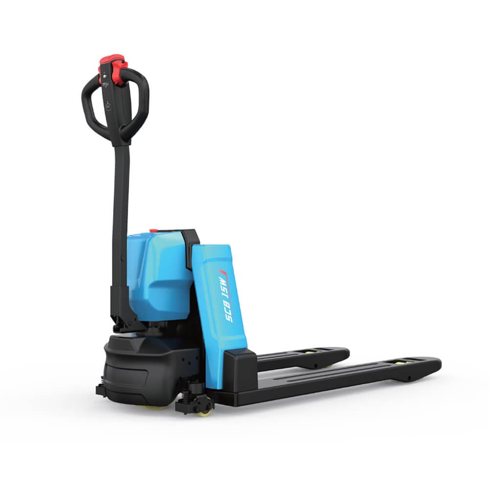 A blue electric pallet jack used for lifting and transporting pallets in warehouses.