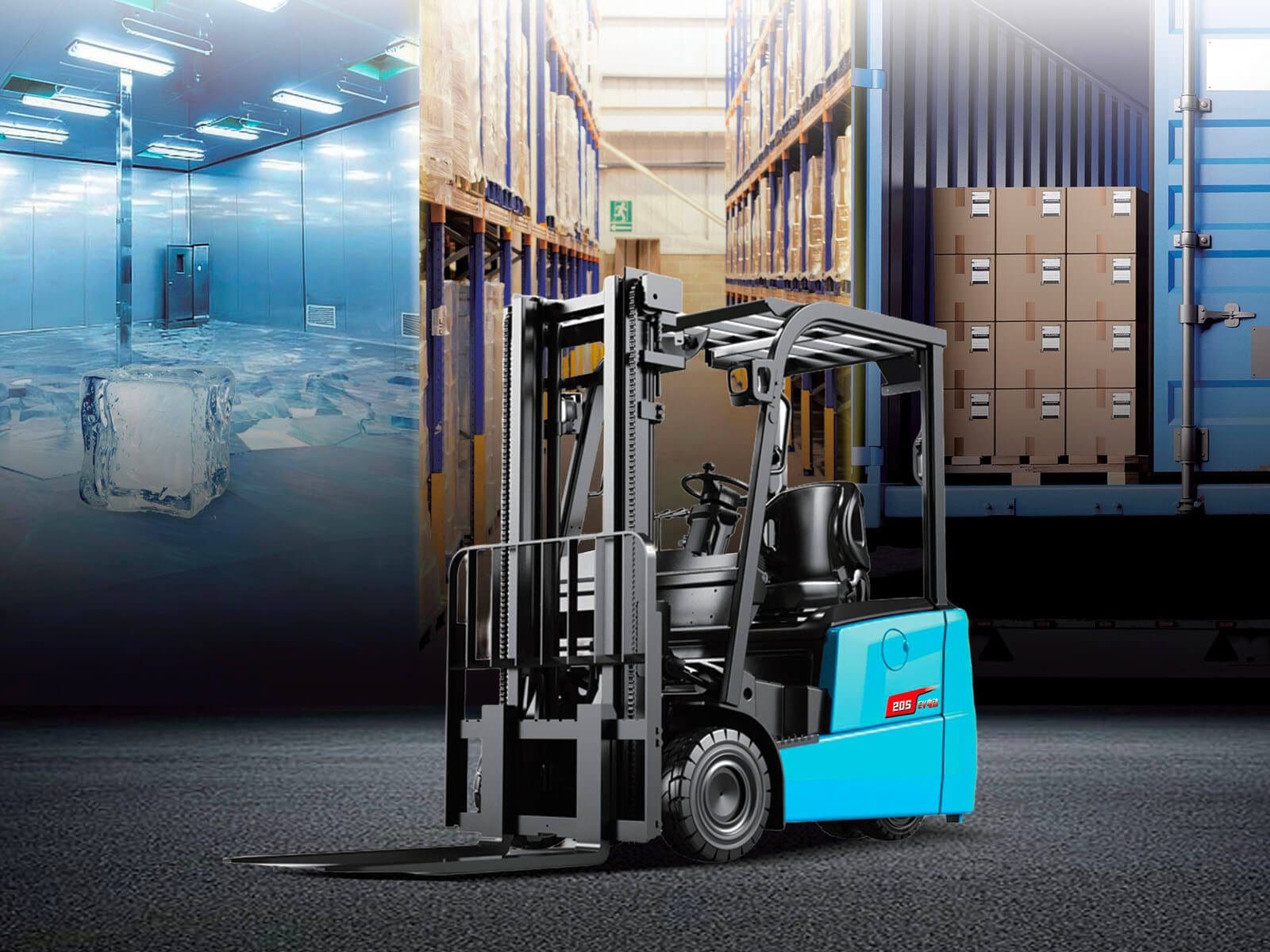 A blue electric forklift positioned in a warehouse with shelves and boxes in the background.